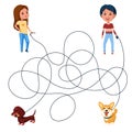 Two children, boy and girl, walk the dogs on leashes. Guess where is whose dog is? Children`s picture puzzle